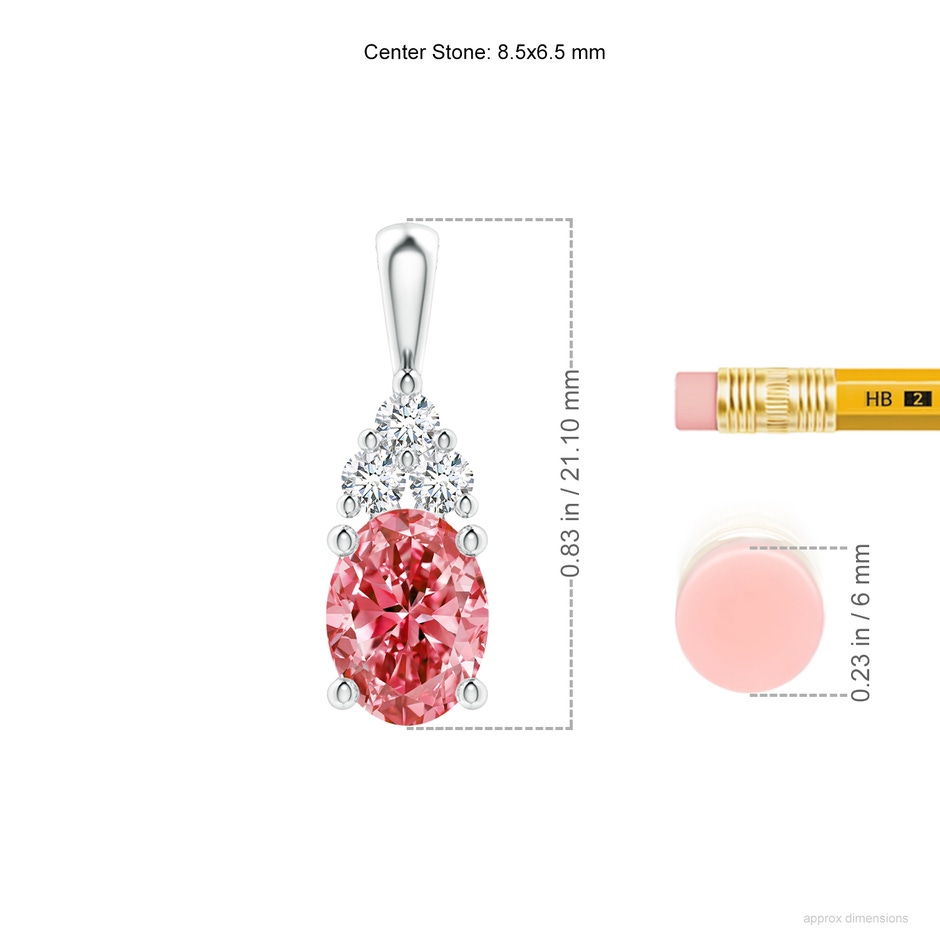 8.5x6.5mm Labgrown Oval Lab-Grown Fancy Intense Pink Diamond Solitaire Pendant with Trio Accents in White Gold ruler