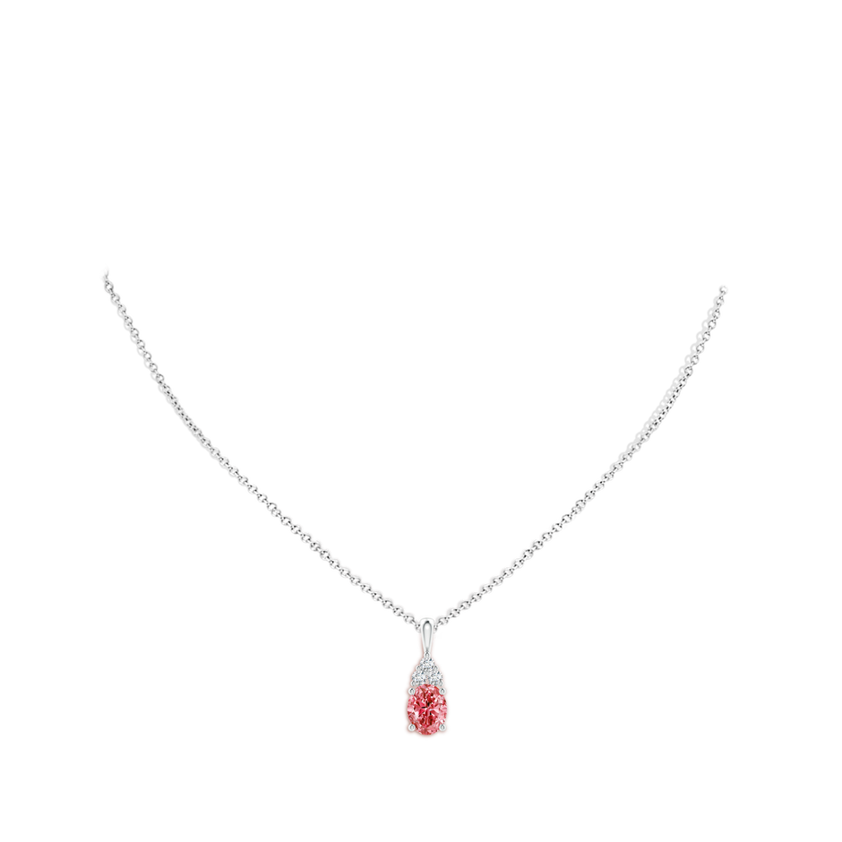 9x7mm Labgrown Oval Lab-Grown Fancy Intense Pink Diamond Solitaire Pendant with Trio Accents in White Gold pen
