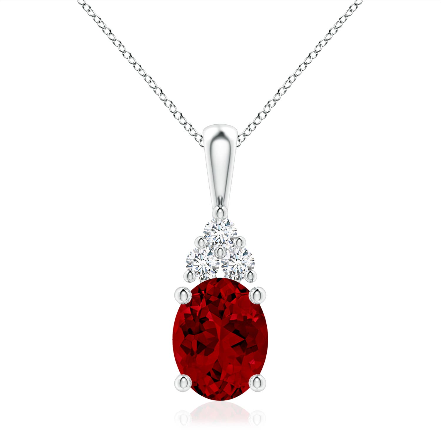 Ovaler Rubin-Solitäranhänger (10 x 8 mm, im Labor gezüchtet) mit drei im Labor gezüchteten Diamanten in P950-Platin