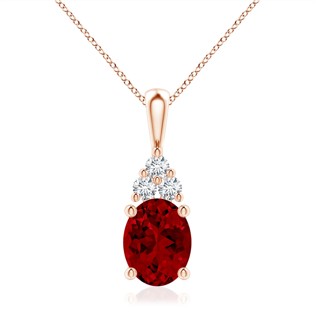 10x8mm Labgrown Lab-Grown Oval Ruby Solitaire Pendant with Trio Lab Diamond in Rose Gold