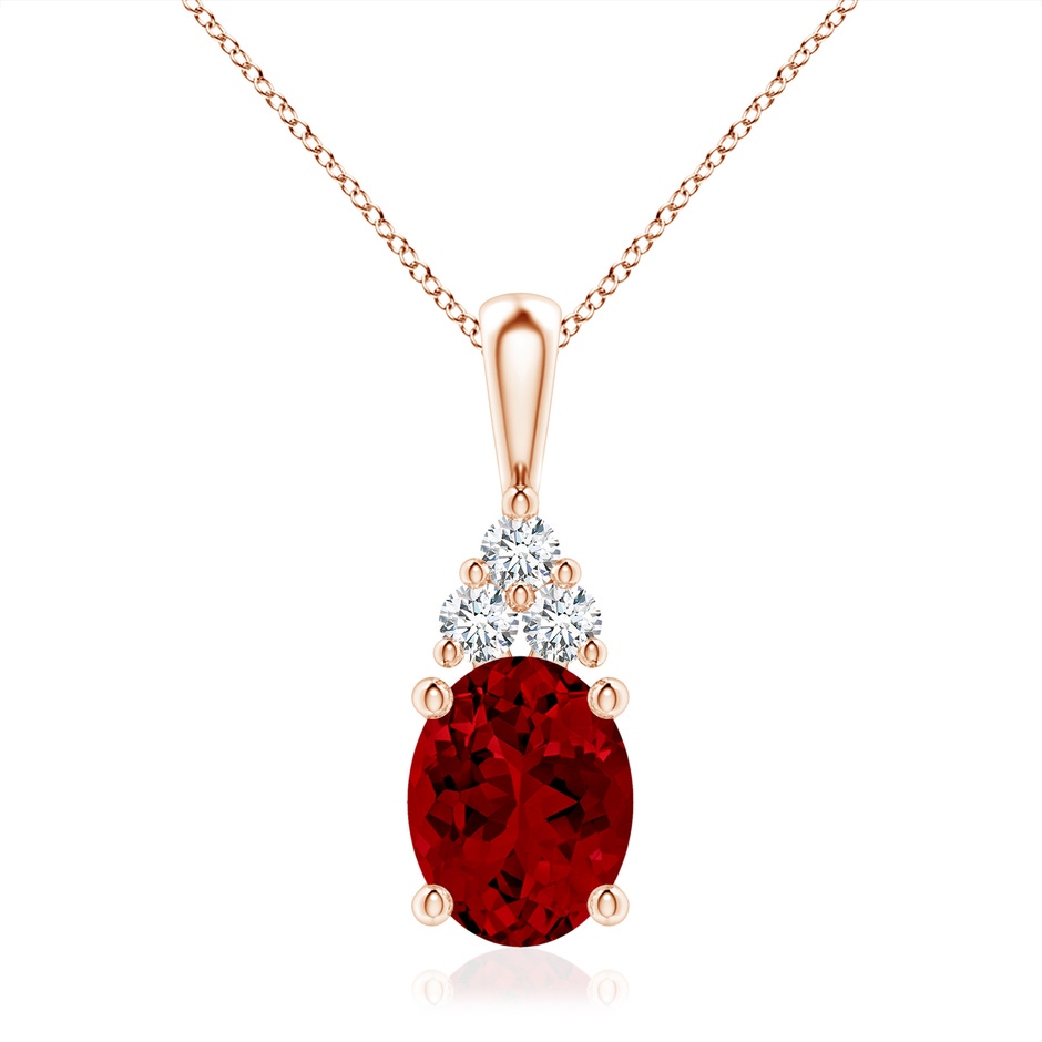 10x8mm Labgrown Lab-Grown Oval Ruby Solitaire Pendant with Trio Lab Diamond in Rose Gold 