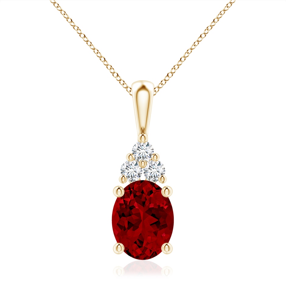 10x8mm Labgrown Lab-Grown Oval Ruby Solitaire Pendant with Trio Lab Diamond in Yellow Gold 