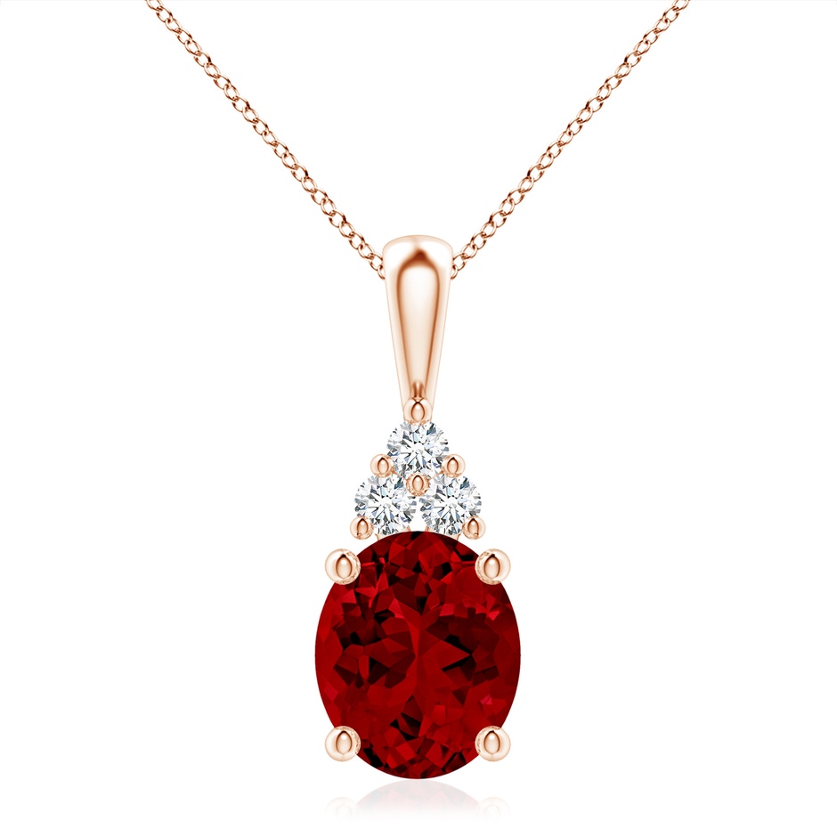 12x10mm Labgrown Lab-Grown Oval Ruby Solitaire Pendant with Trio Lab Diamond in Rose Gold 