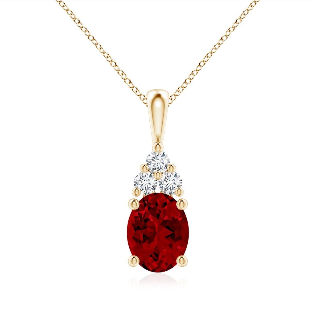 9x7mm Labgrown Lab-Grown Oval Ruby Solitaire Pendant with Trio Lab Diamond in Yellow Gold