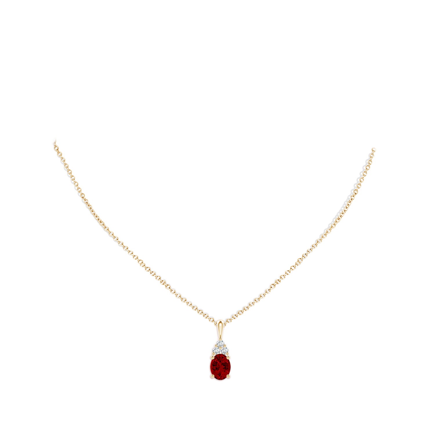 9x7mm Labgrown Lab-Grown Oval Ruby Solitaire Pendant with Trio Lab Diamond in Yellow Gold - body_neck