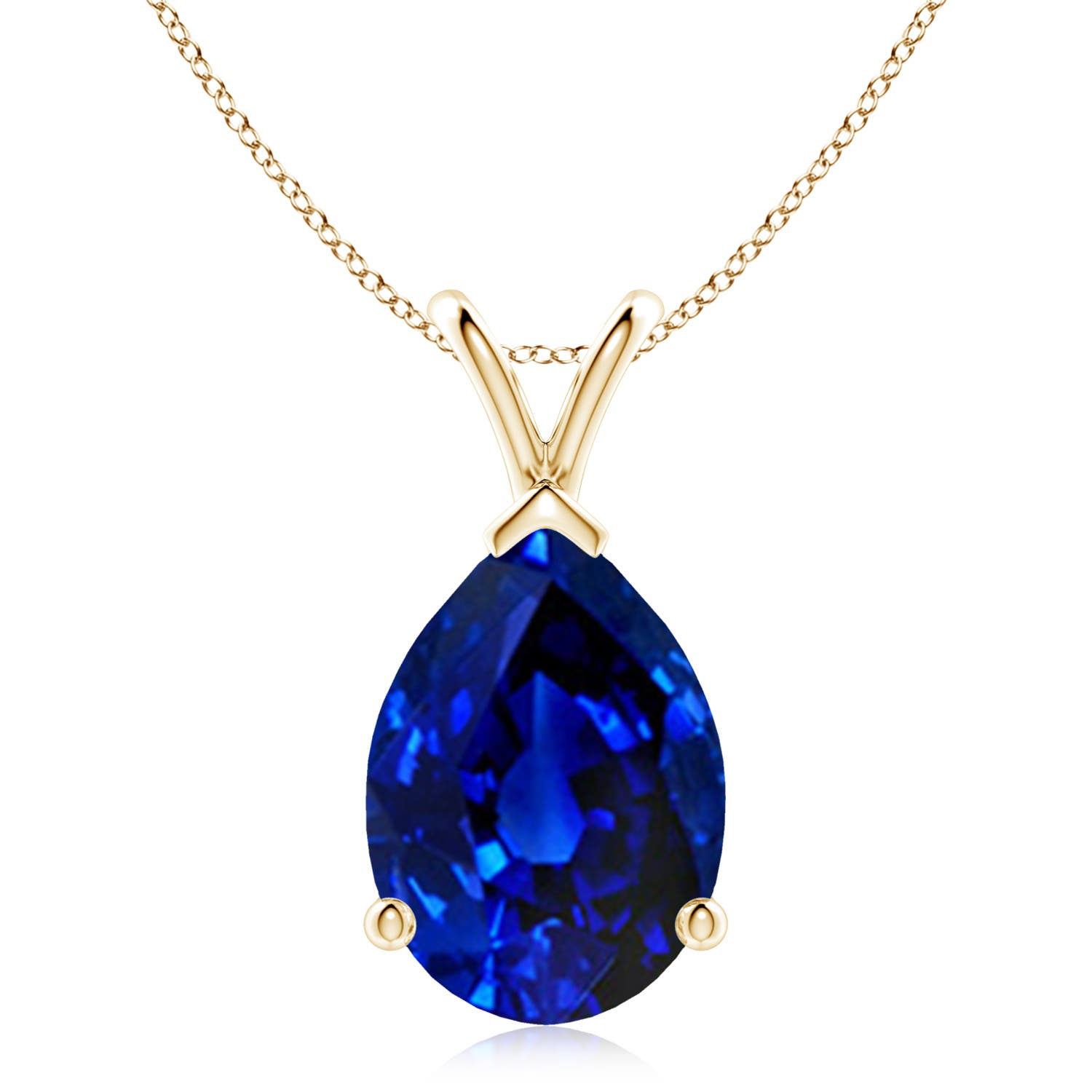 14x10mm Labgrown Lab-Grown V-Bale Pear-Shaped Blue Sapphire Solitaire Pendant in Yellow Gold
