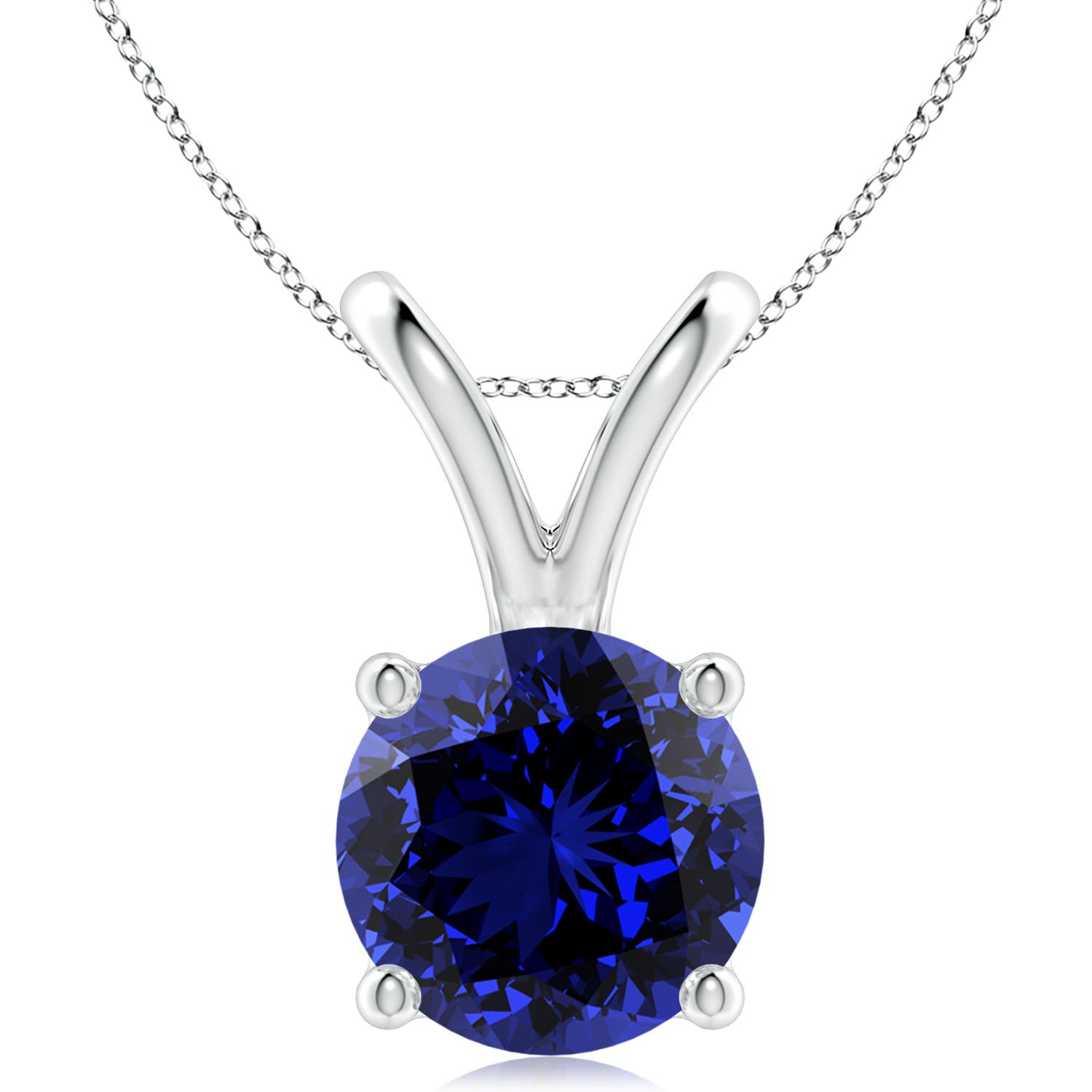 10mm Labgrown Lab-Grown V-Bale Round Blue Sapphire Solitaire Pendant in 18CT White Gold