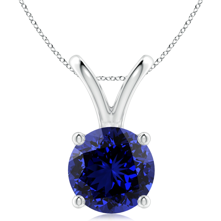 10mm Labgrown Lab-Grown V-Bale Round Blue Sapphire Solitaire Pendant in 18K White Gold 