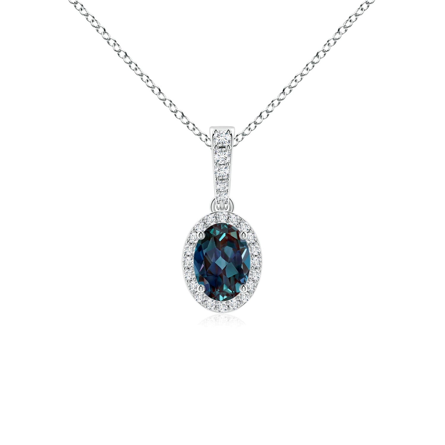 7x5mm Labgrown Vintage Style Oval Lab-Grown Alexandrite Halo Pendant in 18CT White Gold