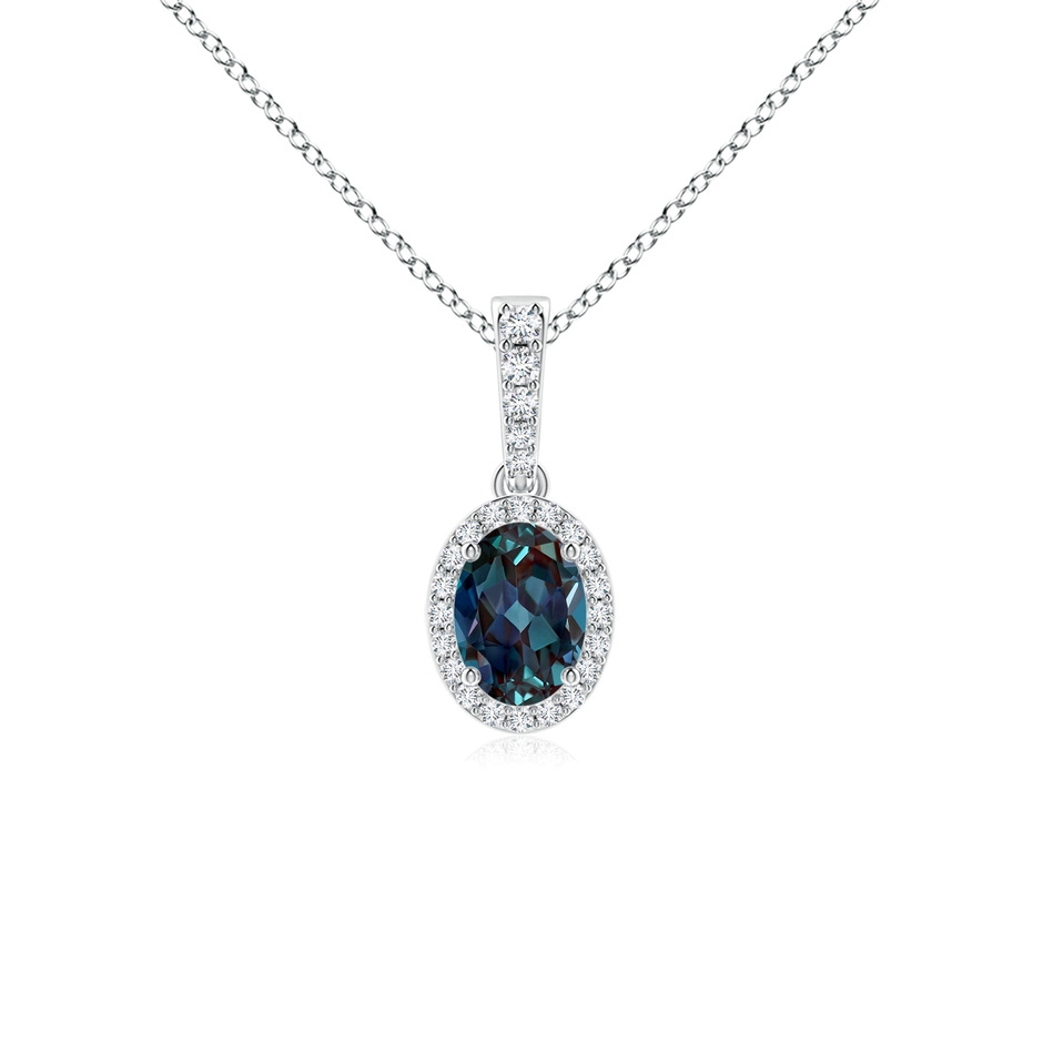 7x5mm Labgrown Vintage Style Oval Lab-Grown Alexandrite Halo Pendant in 18K White Gold 