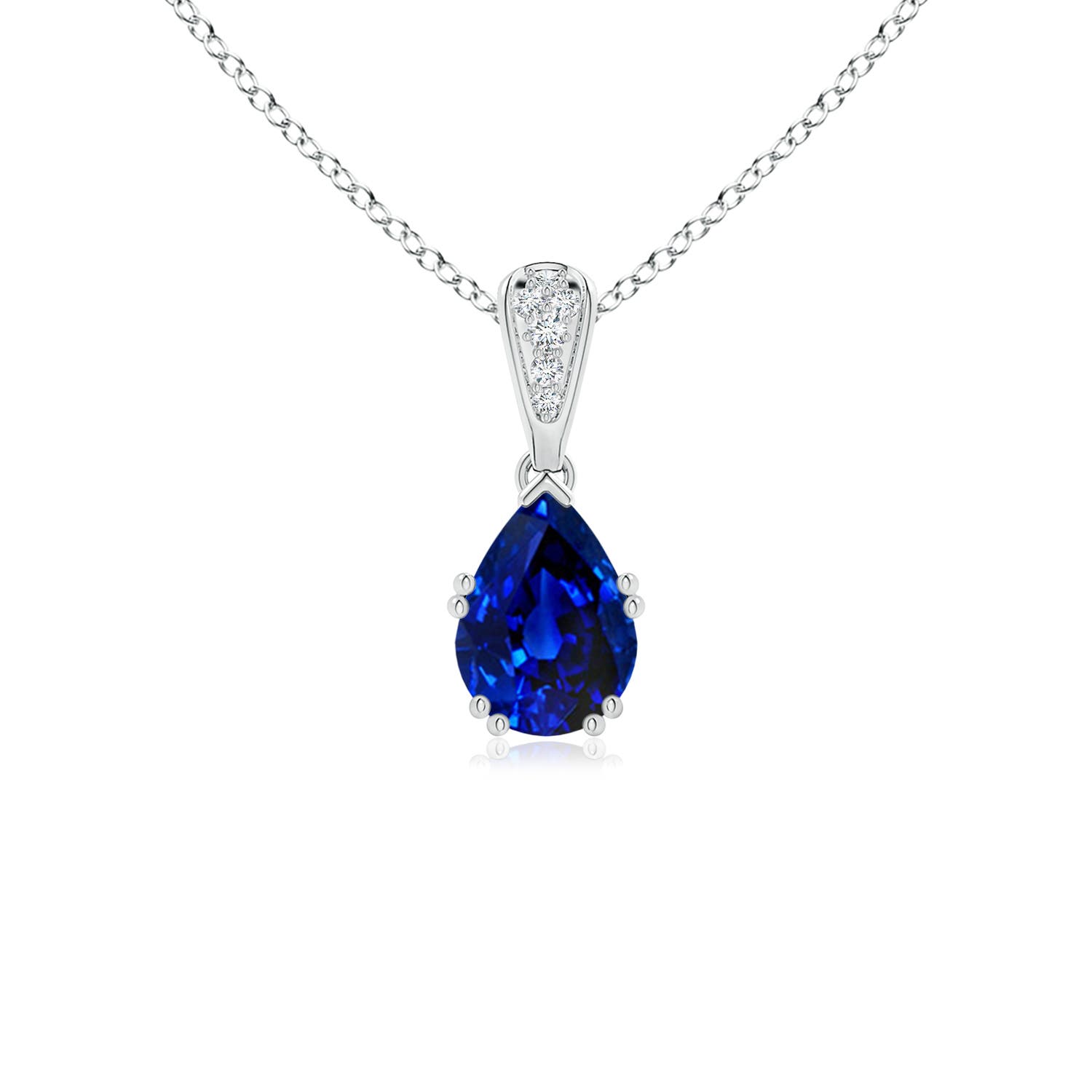 7x5mm Labgrown Lab-Grown Vintage Style Pear Sapphire Drop Pendant with Diamonds in 18K White Gold