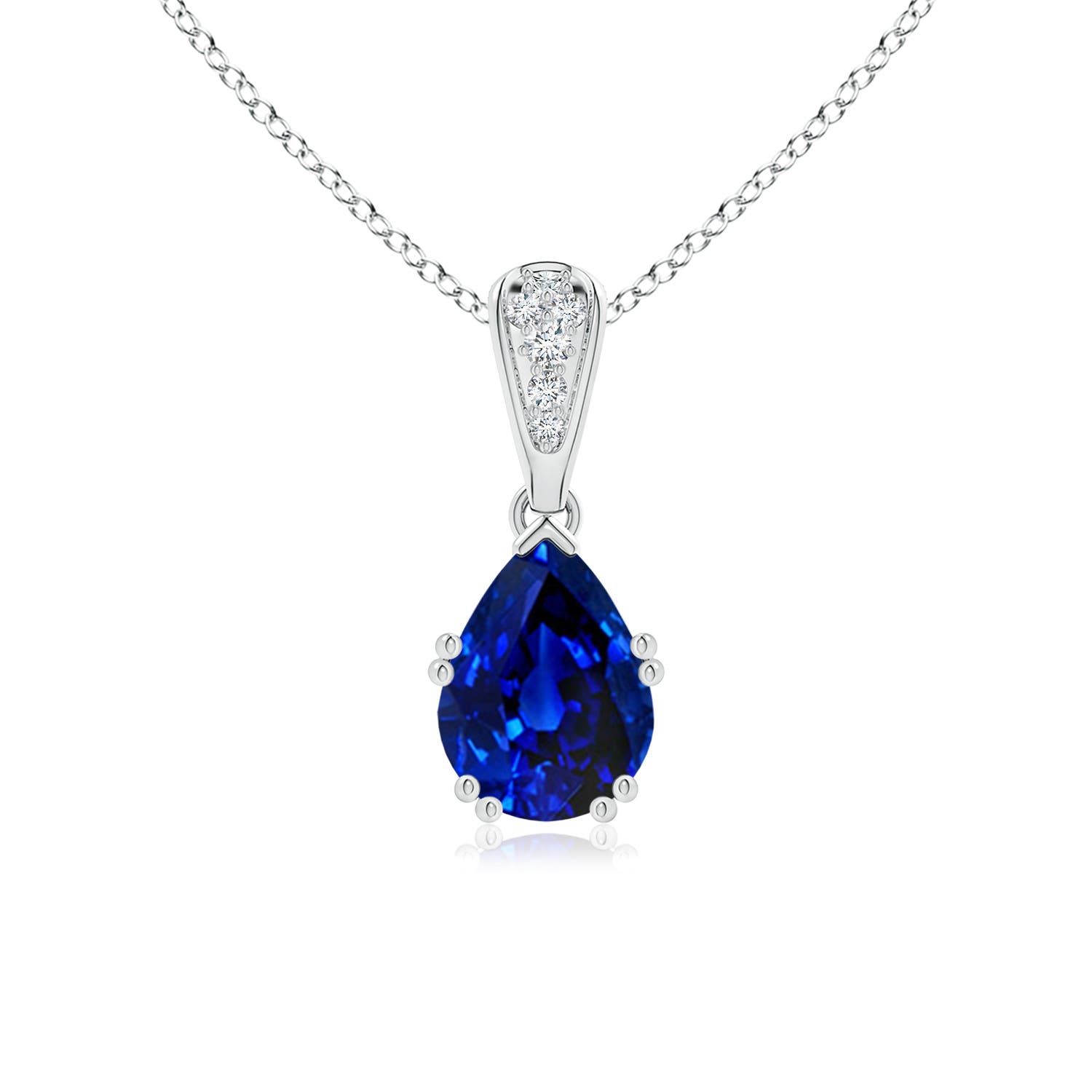 8x6mm Labgrown Lab-Grown Vintage Style Pear Sapphire Drop Pendant with Diamonds in 18K White Gold