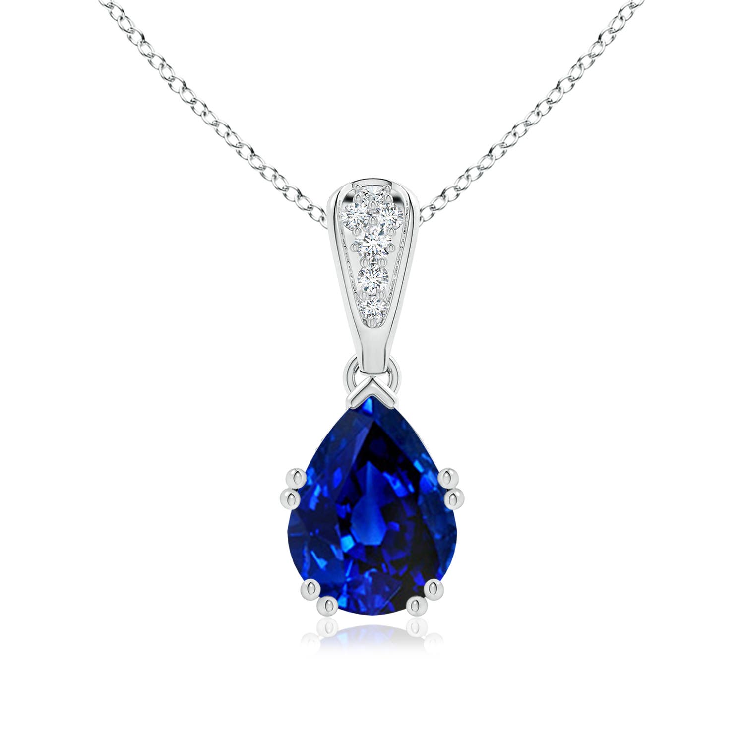 9x7mm Labgrown Lab-Grown Vintage Style Pear Sapphire Drop Pendant with Diamonds in White Gold
