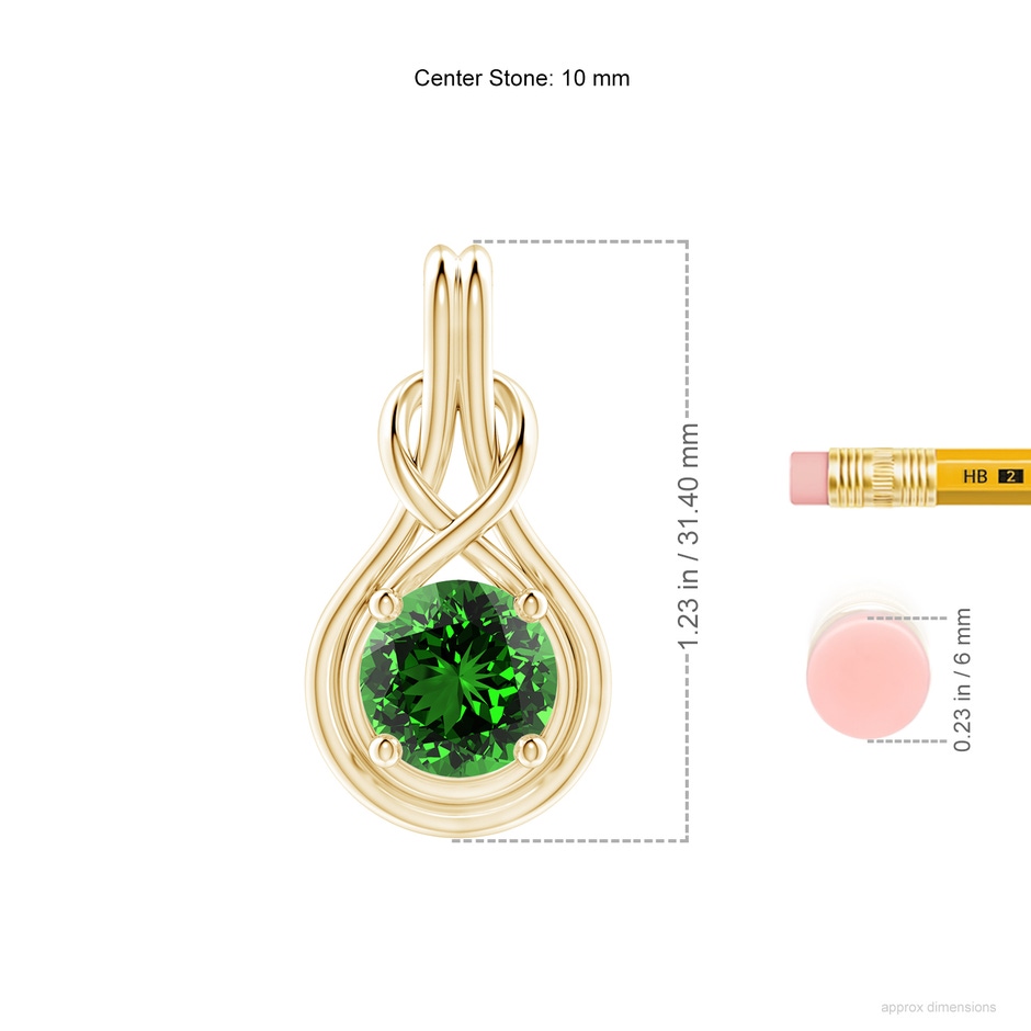 10mm Labgrown Lab-Grown Round Emerald Solitaire Infinity Knot Pendant in 18K Yellow Gold ruler