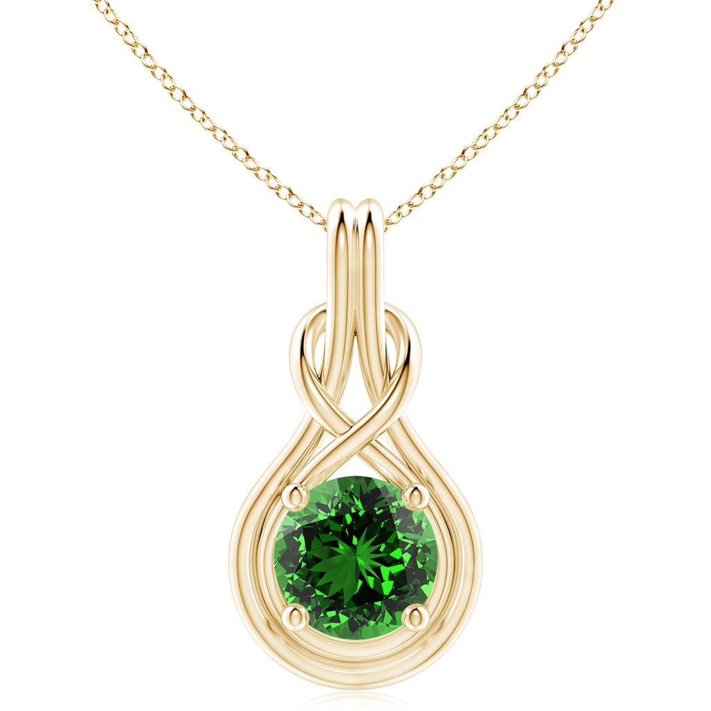 10mm Labgrown Lab-Grown Round Emerald Solitaire Infinity Knot Pendant in Yellow Gold