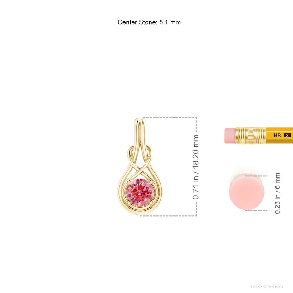 5.1mm Labgrown Round Lab-Grown Fancy Intense Pink Diamond Solitaire Infinity Knot Pendant in Yellow Gold ruler
