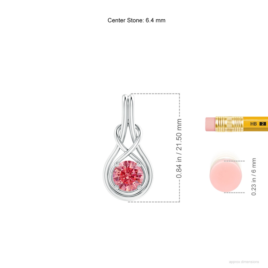 6.4mm Labgrown Round Lab-Grown Fancy Intense Pink Diamond Solitaire Infinity Knot Pendant in 18K White Gold ruler