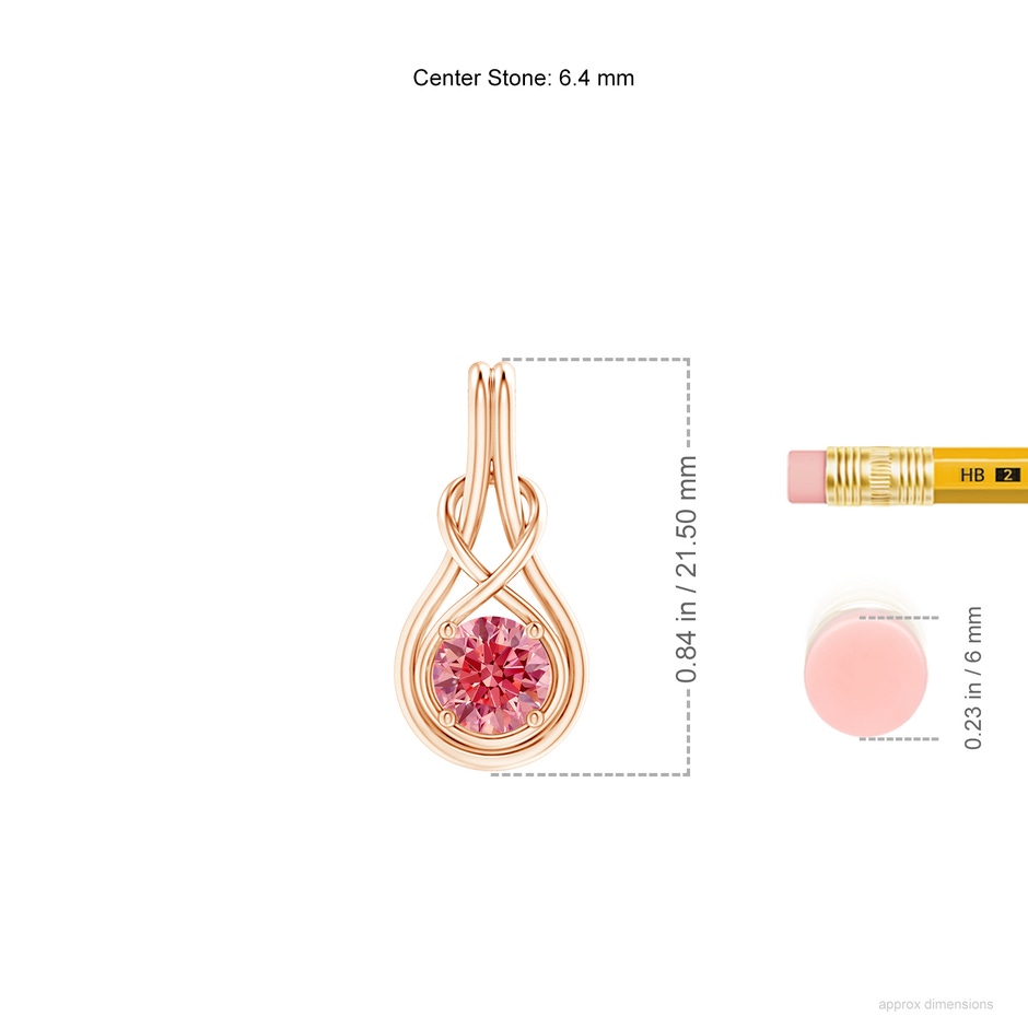 6.4mm Labgrown Round Lab-Grown Fancy Intense Pink Diamond Solitaire Infinity Knot Pendant in Rose Gold ruler