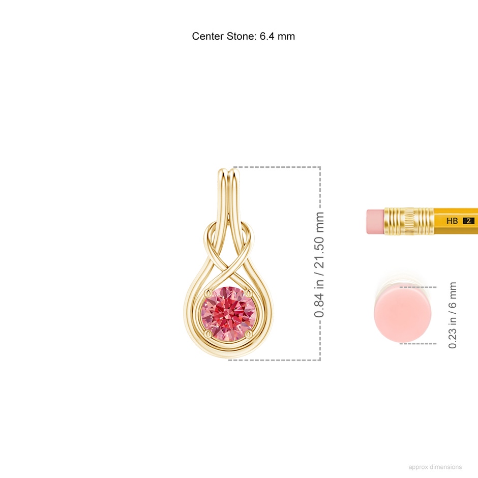 6.4mm Labgrown Round Lab-Grown Fancy Intense Pink Diamond Solitaire Infinity Knot Pendant in Yellow Gold ruler