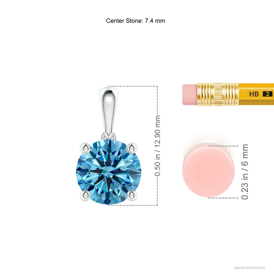7.4mm Labgrown Classic Round Lab-Grown Fancy Intense Blue Diamond Solitaire Pendant in 18K White Gold ruler