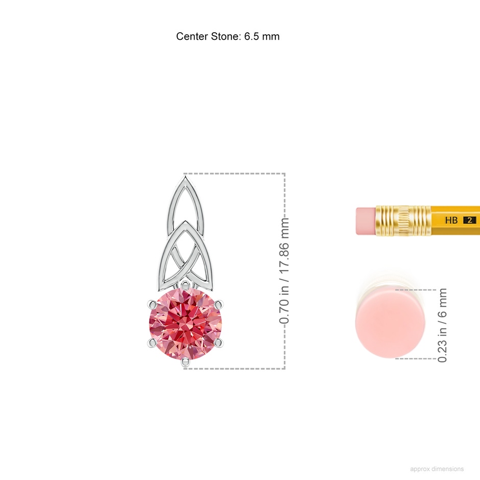 6.5mm Labgrown Solitaire Round Lab-Grown Fancy Intense Pink Diamond Celtic Knot Pendant in 18K White Gold ruler