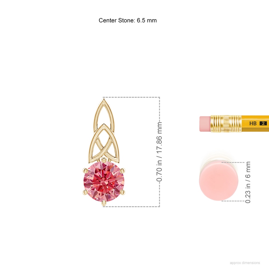 6.5mm Labgrown Solitaire Round Lab-Grown Fancy Intense Pink Diamond Celtic Knot Pendant in Yellow Gold ruler