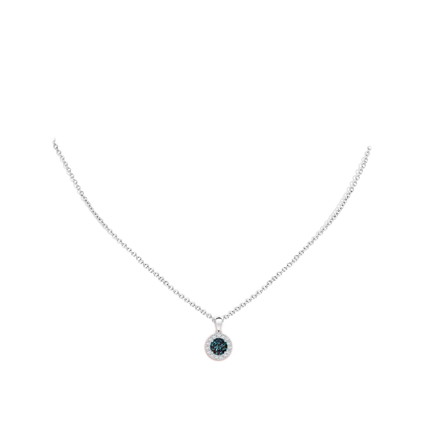 6mm Labgrown Round Lab-Grown Alexandrite and Diamond Halo Pendant in White Gold - body_neck