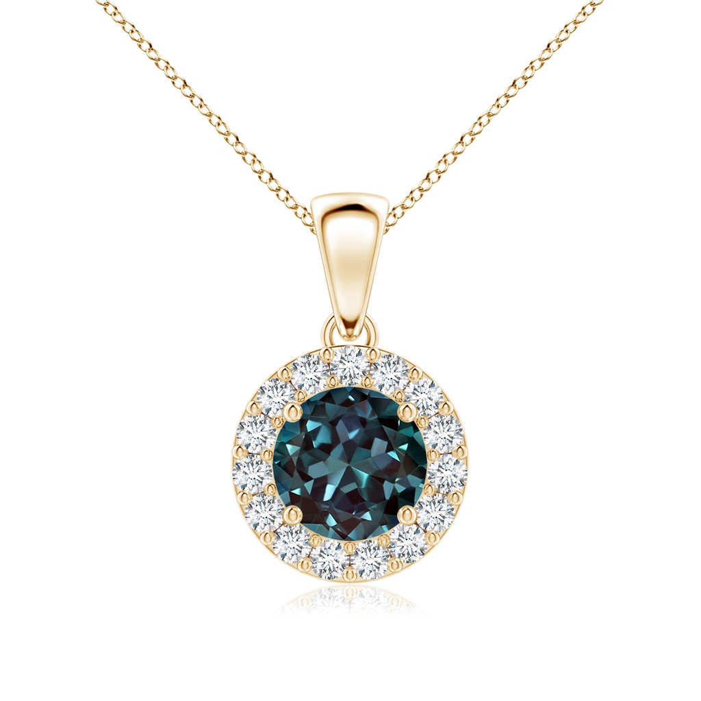 6mm Labgrown Round Lab-Grown Alexandrite and Diamond Halo Pendant in Yellow Gold