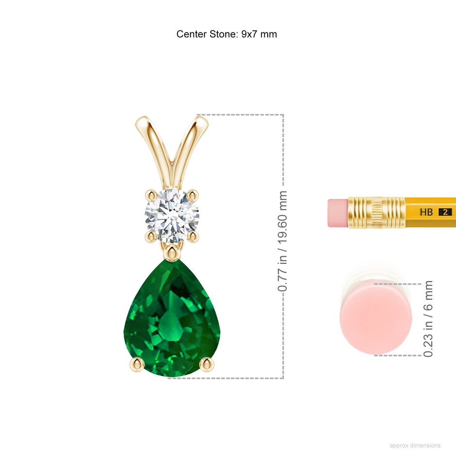 9x7mm Labgrown Lab-Grown Pear-Shaped Emerald V-Bale Pendant in Yellow Gold ruler