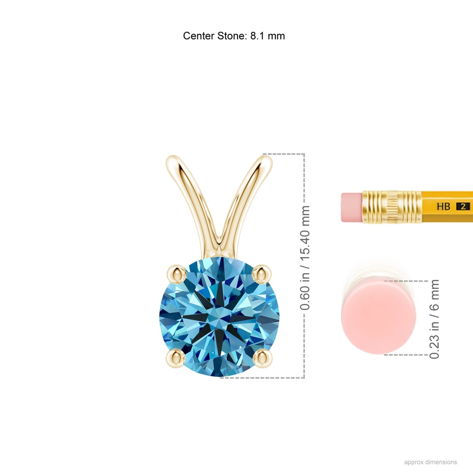 8.1mm Labgrown Round Lab-Grown Fancy Intense Blue Diamond Solitaire V-Bale Pendant in Yellow Gold ruler