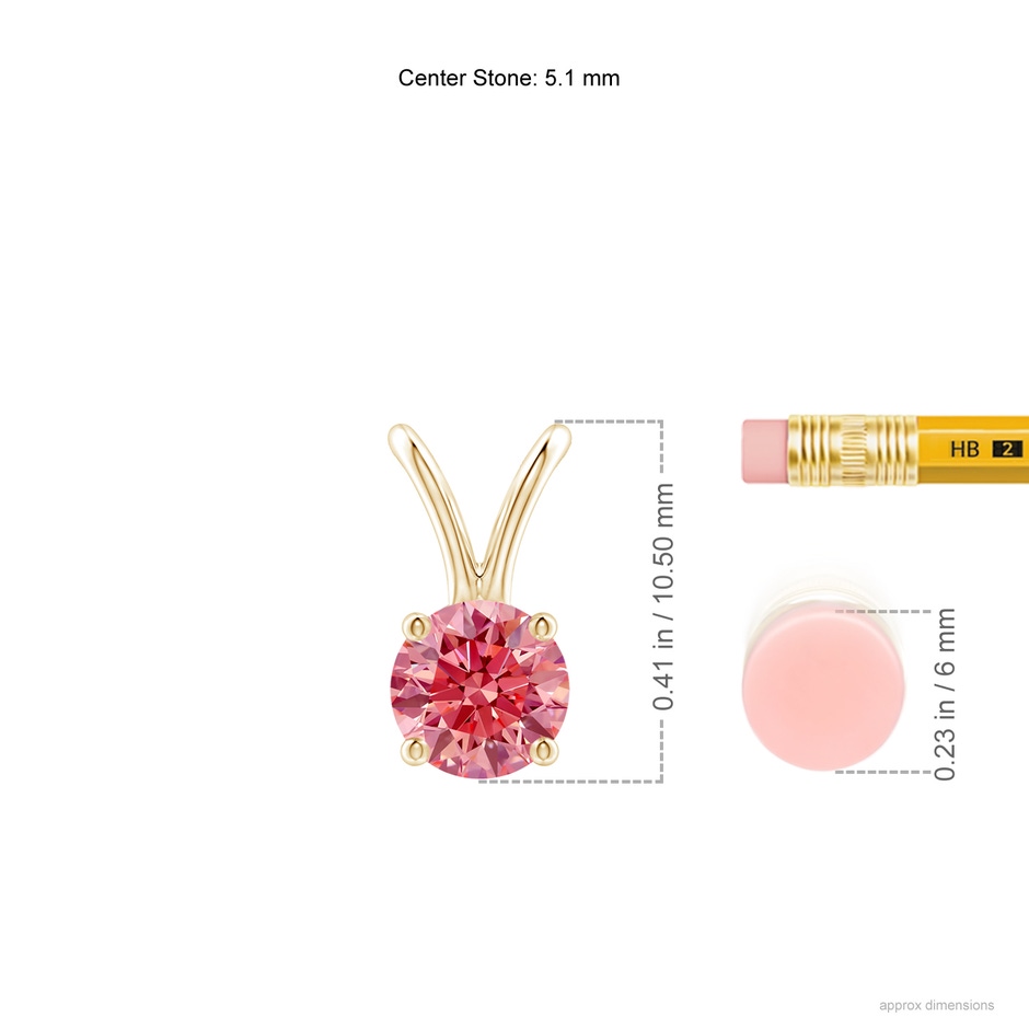 5.1mm Labgrown Round Lab-Grown Fancy Intense Pink Diamond Solitaire V-Bale Pendant in Yellow Gold ruler