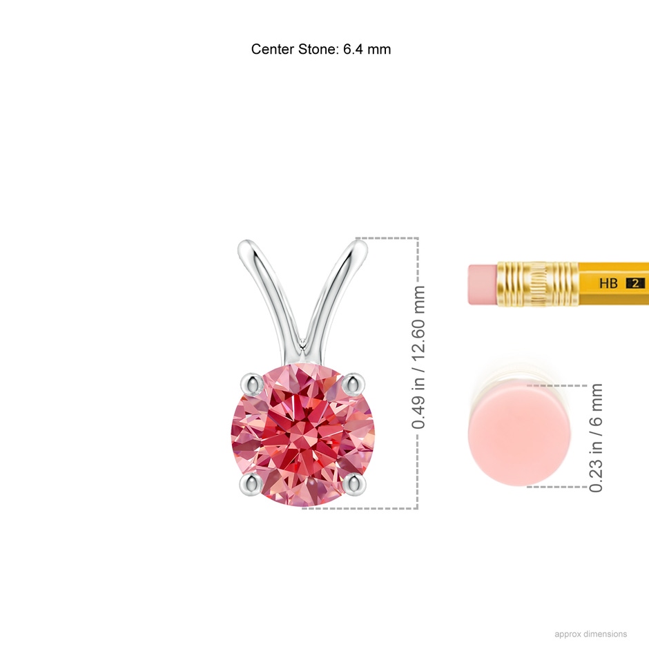 6.4mm Labgrown Round Lab-Grown Fancy Intense Pink Diamond Solitaire V-Bale Pendant in 18K White Gold ruler