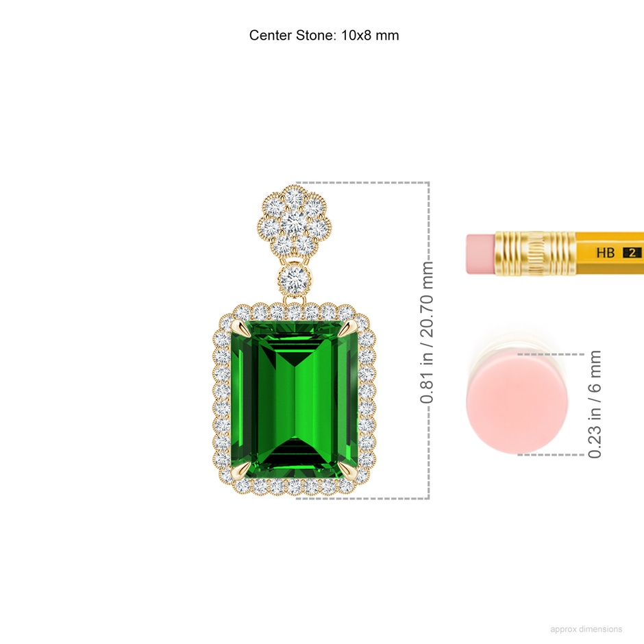 10x8mm Labgrown Lab-Grown Emerald cut Emerald Pendant with Floral Bale in Yellow Gold ruler