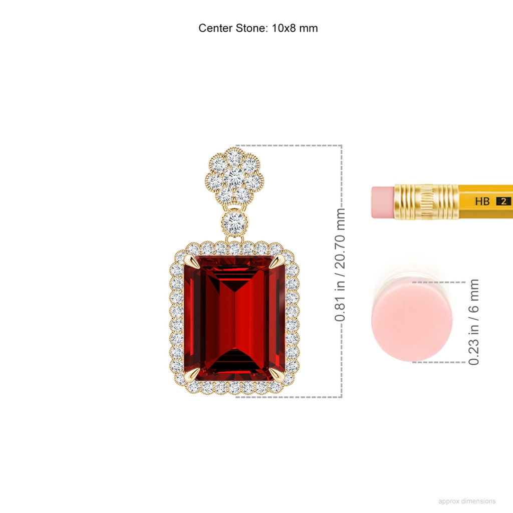 10x8mm Labgrown Lab-Grown Emerald cut Ruby Pendant with Floral Bale in Yellow Gold ruler
