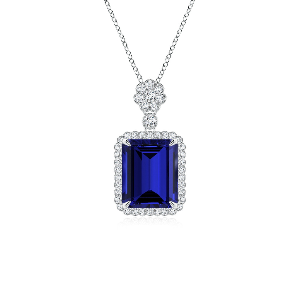 10x8mm Labgrown Lab-Grown Emerald cut Blue Sapphire Pendant with Floral Bale in White Gold