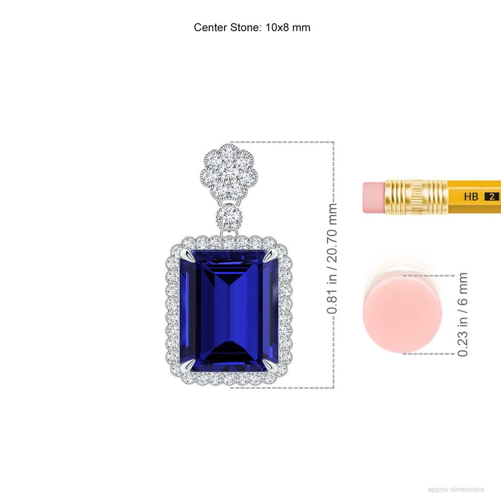 10x8mm Labgrown Lab-Grown Emerald cut Blue Sapphire Pendant with Floral Bale in White Gold ruler