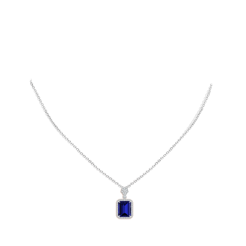 10x8mm Labgrown Lab-Grown Emerald cut Blue Sapphire Pendant with Floral Bale in White Gold pen