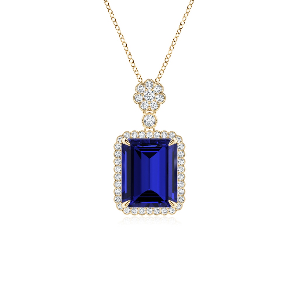 10x8mm Labgrown Lab-Grown Emerald cut Blue Sapphire Pendant with Floral Bale in Yellow Gold