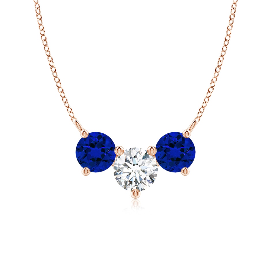 6mm FGVS Lab-Grown Round and Blue Sapphire Diamond Three Stone Necklace in Rose Gold 