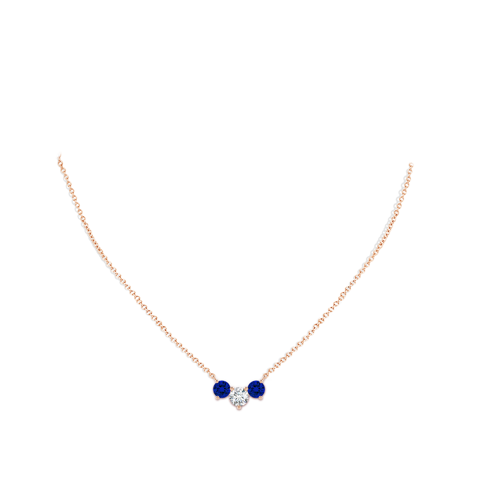 6mm FGVS Lab-Grown Round and Blue Sapphire Diamond Three Stone Necklace in Rose Gold pen
