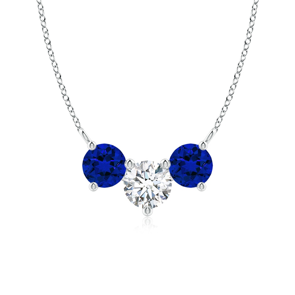 6mm FGVS Lab-Grown Round and Blue Sapphire Diamond Three Stone Necklace in White Gold 