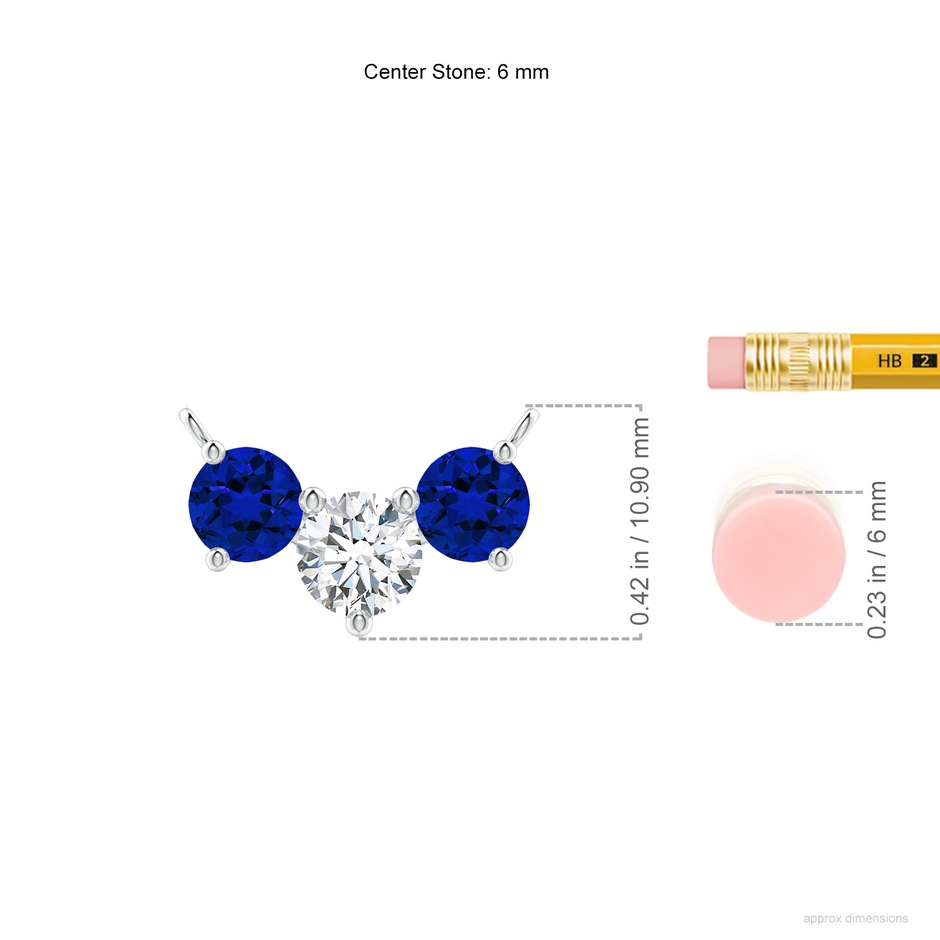 6mm FGVS Lab-Grown Round and Blue Sapphire Diamond Three Stone Necklace in White Gold ruler