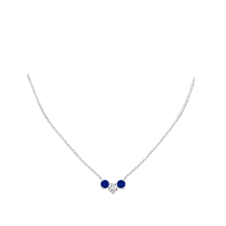 6mm FGVS Lab-Grown Round and Blue Sapphire Diamond Three Stone Necklace in White Gold pen