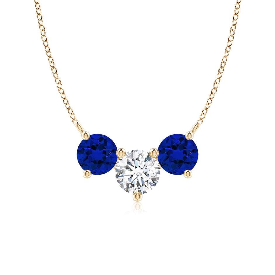 6mm FGVS Lab-Grown Round and Blue Sapphire Diamond Three Stone Necklace in Yellow Gold 