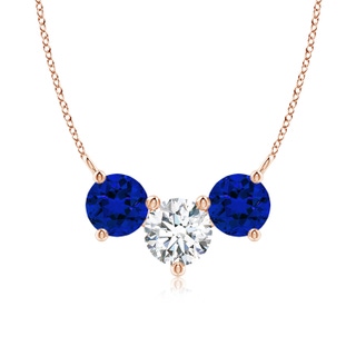 7mm FGVS Lab-Grown Round and Blue Sapphire Diamond Three Stone Necklace in Rose Gold