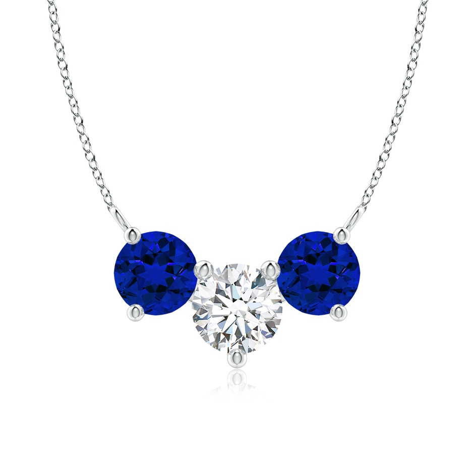 7mm FGVS Lab-Grown Round and Blue Sapphire Diamond Three Stone Necklace in White Gold 