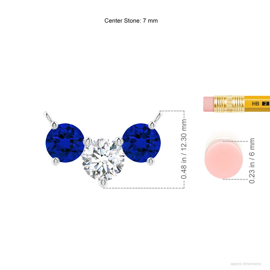 7mm FGVS Lab-Grown Round and Blue Sapphire Diamond Three Stone Necklace in White Gold ruler