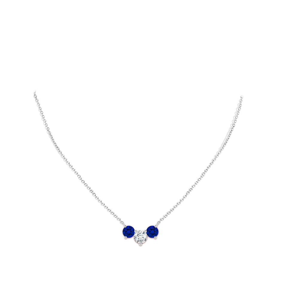 7mm FGVS Lab-Grown Round and Blue Sapphire Diamond Three Stone Necklace in White Gold pen