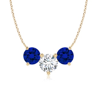 7mm FGVS Lab-Grown Round and Blue Sapphire Diamond Three Stone Necklace in Yellow Gold