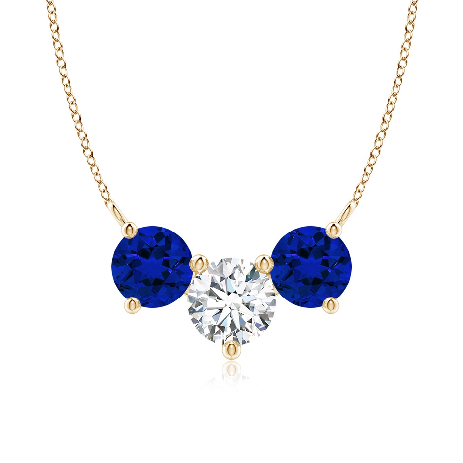 7mm FGVS Lab-Grown Round and Blue Sapphire Diamond Three Stone Necklace in Yellow Gold 